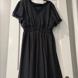 Lane Bryant Black Midi Dress with White / Lavender Dot Print and Lace Trim